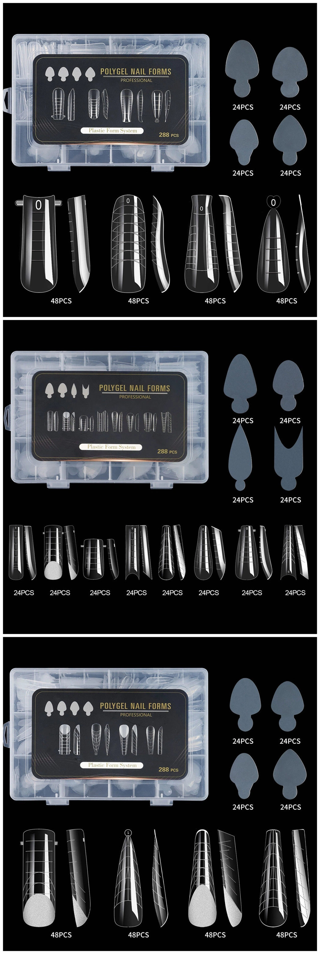 New Supply of Paper-Free Extension Plastic Mold 288 Pieces a Box Nail Crystal Plastic Nail Tips Mold Set Poly Gel Nail Forms