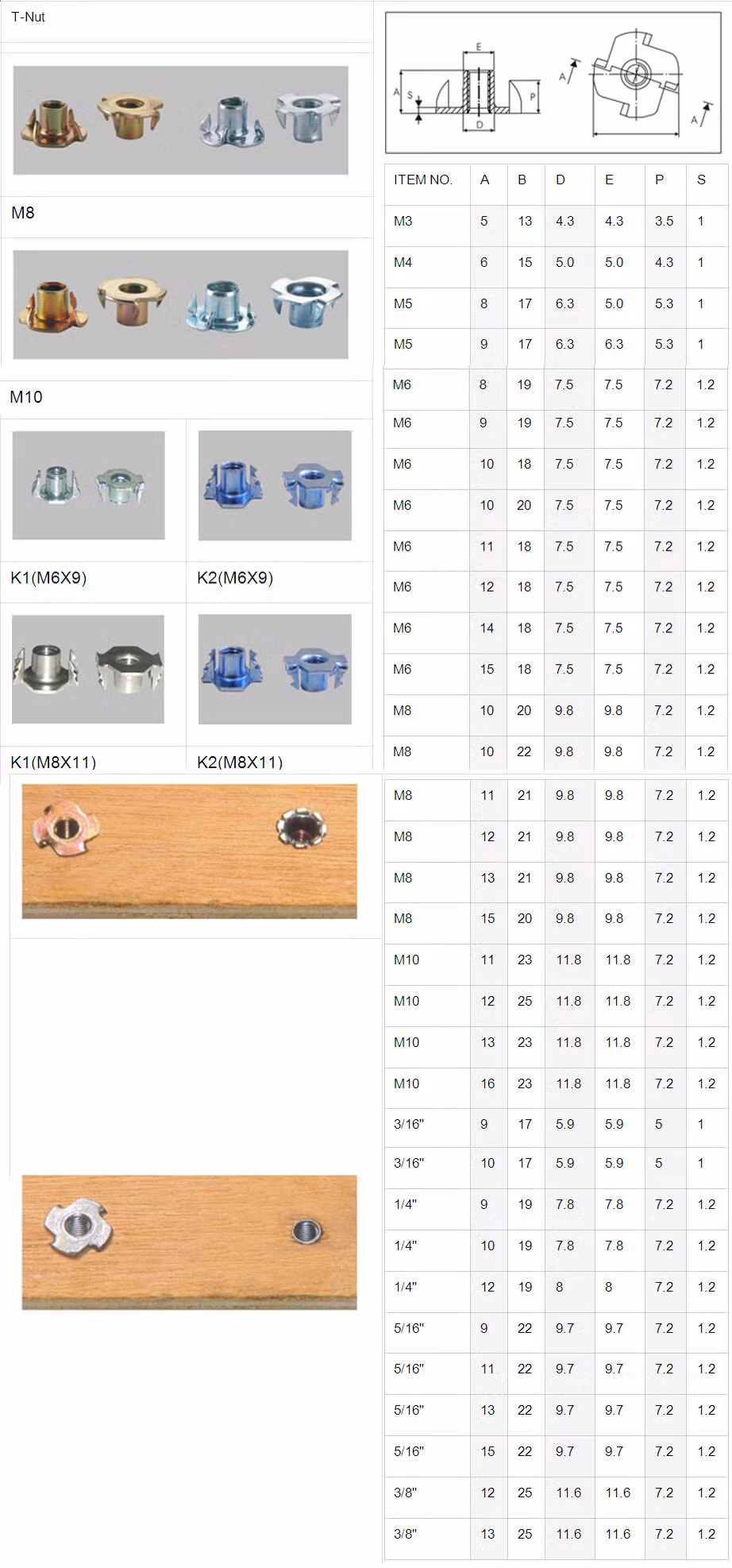 China Factory Threaded Insert T Nut M8X17mm Four Prong Tee Nuts