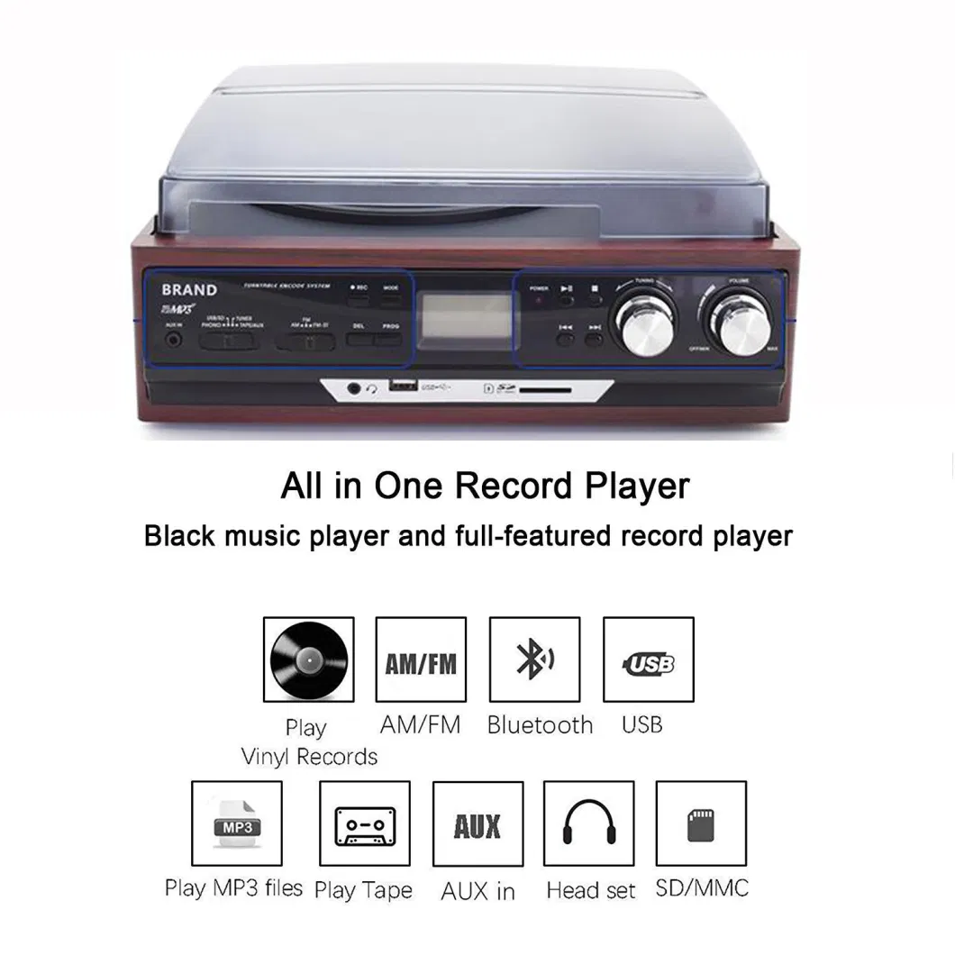 45 Rpm SD USB Vinyl Turntable Phonograph Player Stereo Cassette Tape Player