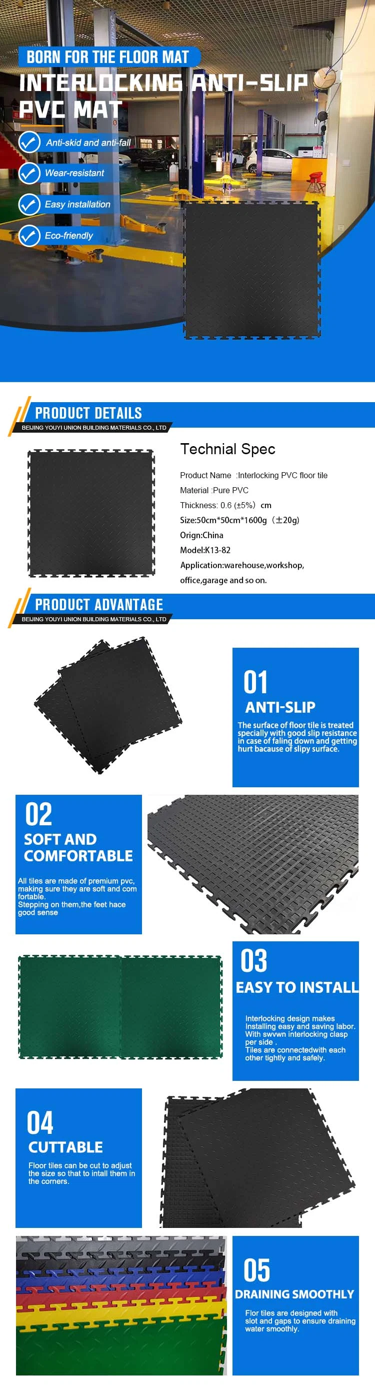 Durable Solid Checker Plate PVC Warehouse Floor Tile Interlocking Diamond Tread Garage Modular Flooring Tile with Edges