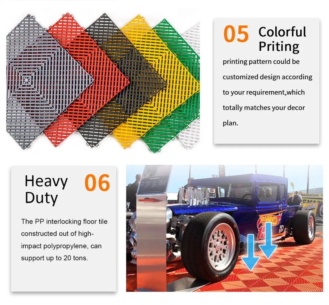 PP Garage Flooring Rigid High Impact Polymer Material Interlocking Tile UV Stable Flooring