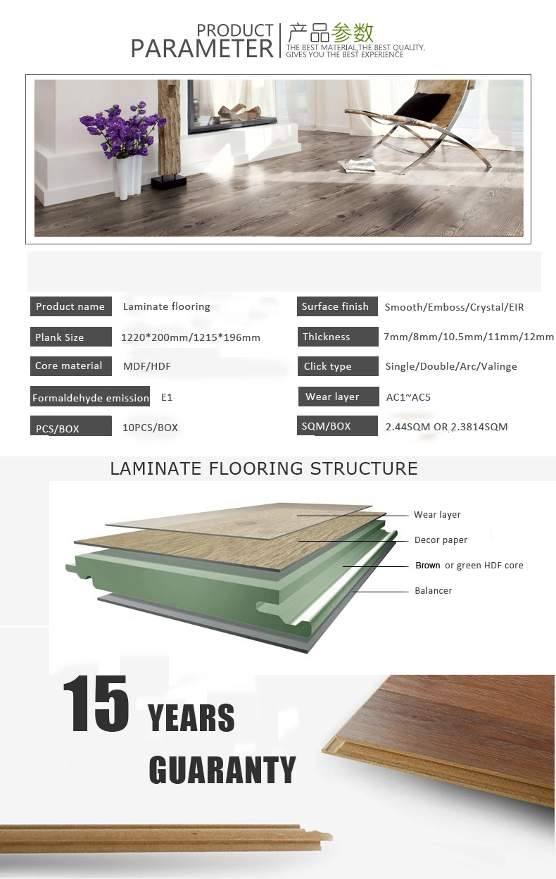 Thickness 8mm 12mm Laminate Flooring HDF Crystal Surface Wood Grain Anti-Skip Moisture Proof for Indoor Housing Laminate Flooring