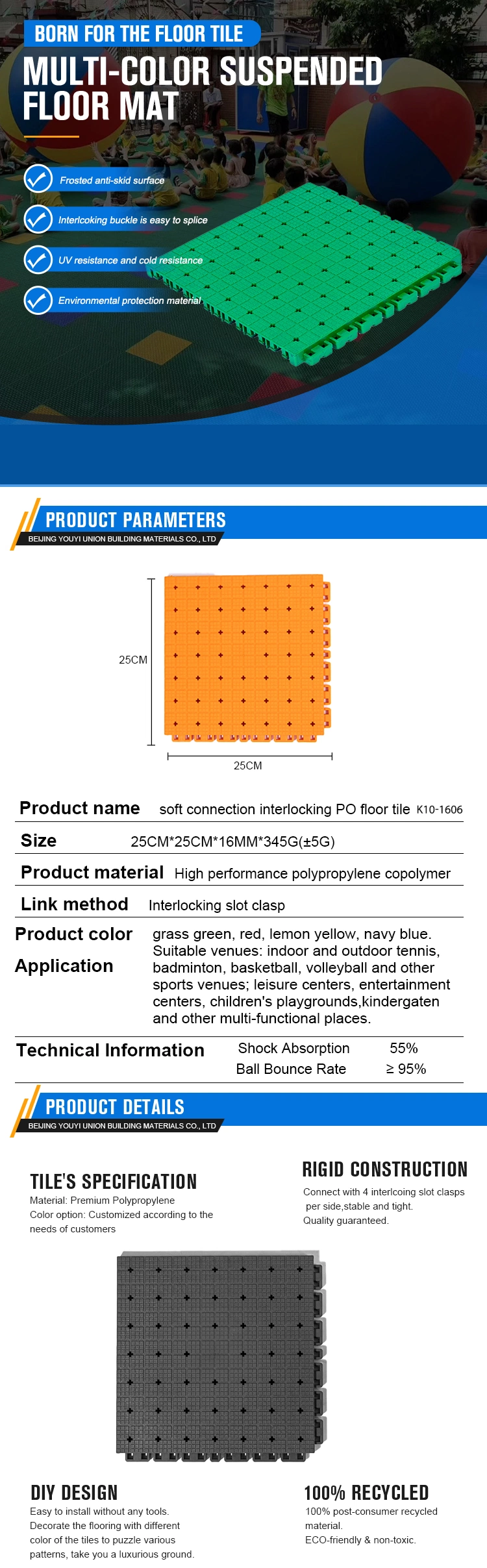 Soft Interlocking Po Floor Tiles for Outdoor Sports Venues