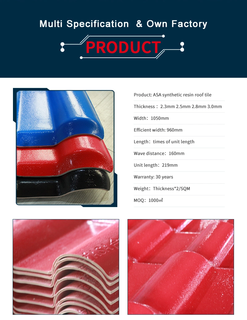 3.5mm Plastic Spanish Style Building Materials Excellent Load-Carrying Ability ASA Resin PVC Roofing/Roof Tile Manufacturer