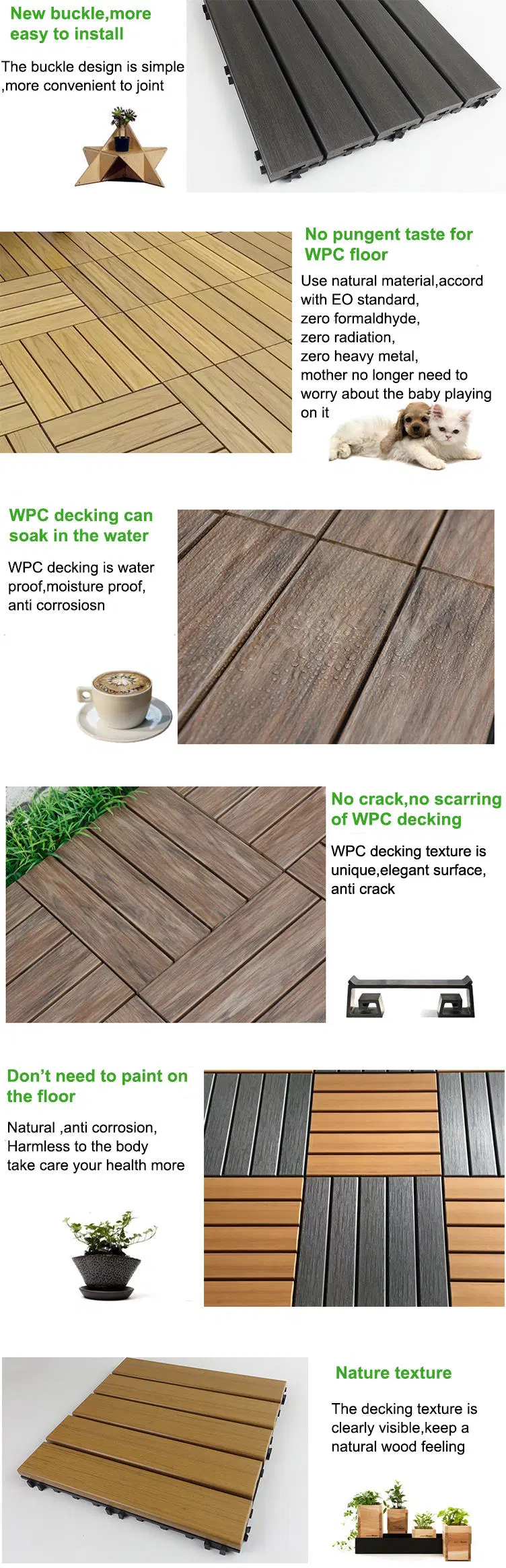 WPC Floor Tile Interlocking Flooring Wood Decking Tile Plastic Base Parquet Decking Outdoor DIY Floor Tiles Wooden Grain Embossing and Grooved