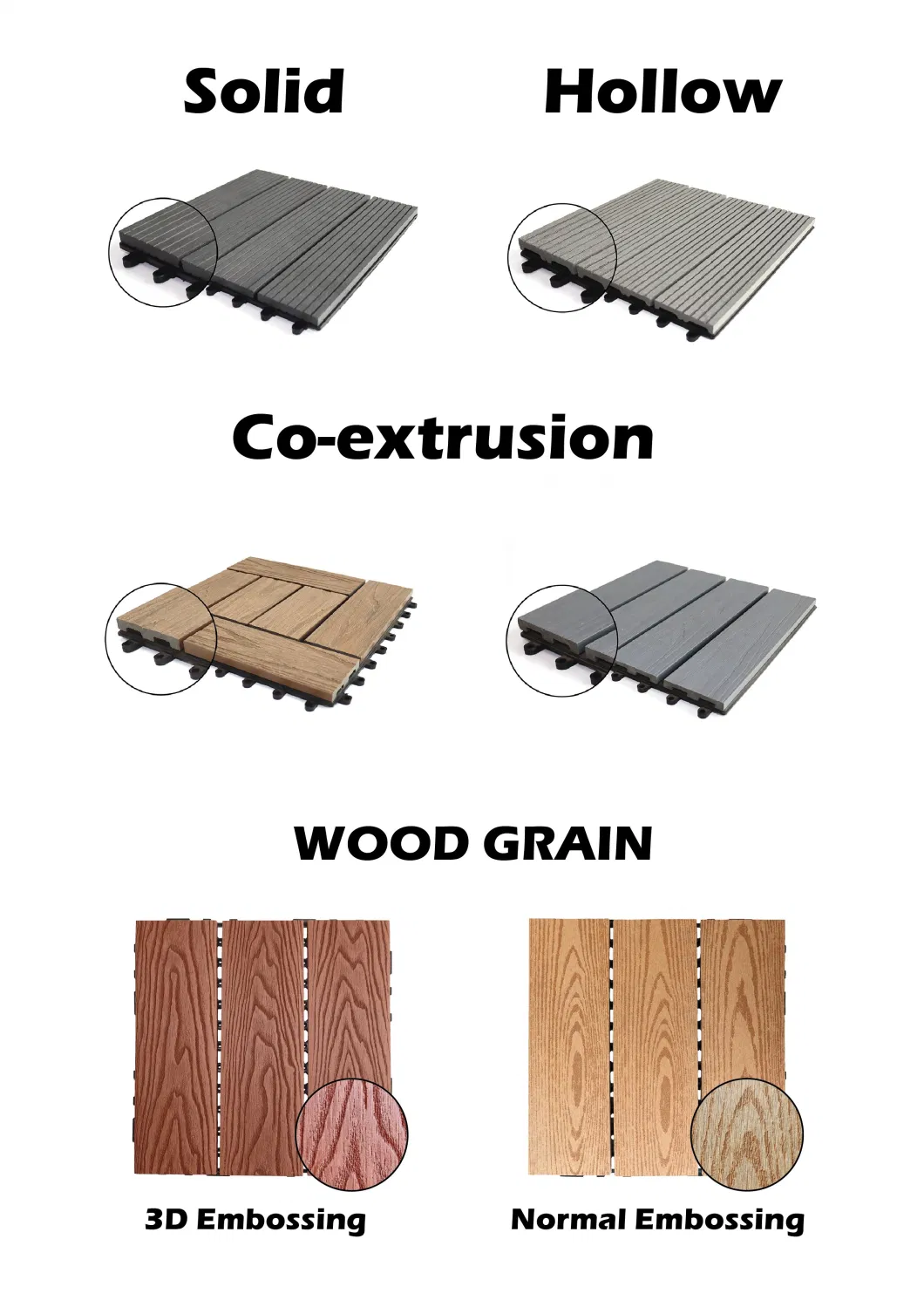 Wholesale Interlocking Snap-in Click Composite Wood Texture Bare Foot Friendly 30X30 Cm WPC Decking Flooring Tiles