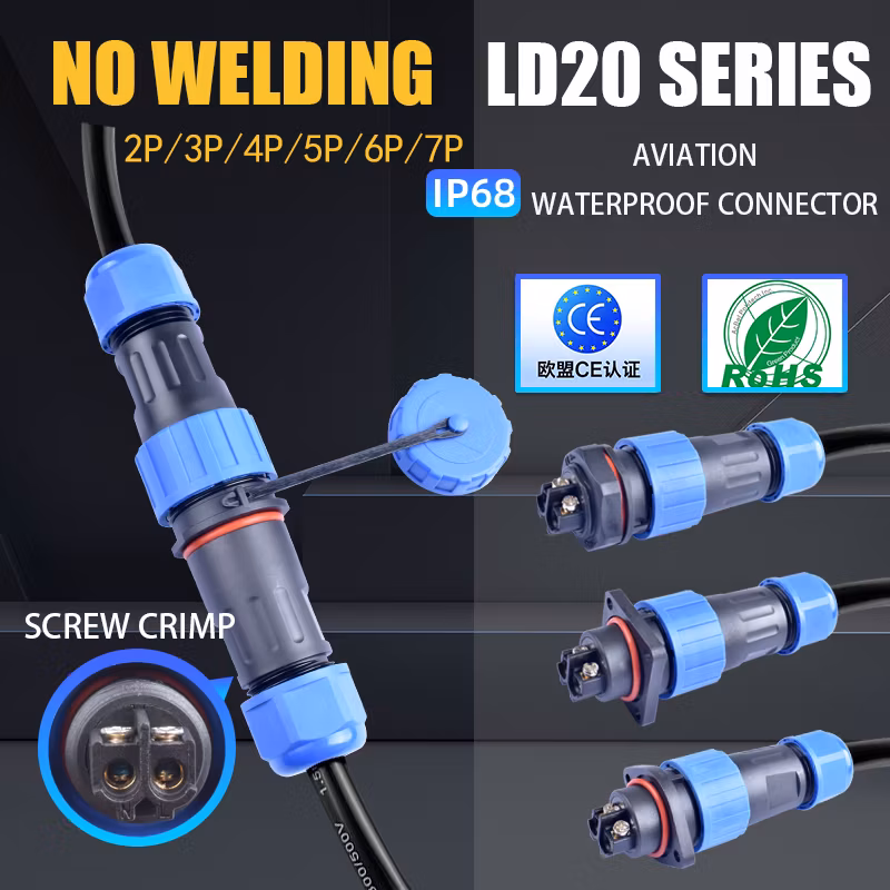IP68 Waterproof Connectors Ld20 Portable Electrical Panel Mounting No Soldering Aviation Plug Connector
