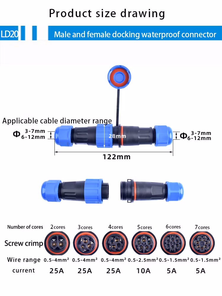 IP68 Waterproof Connectors Ld20 Portable Electrical Panel Mounting No Soldering Aviation Plug Connector
