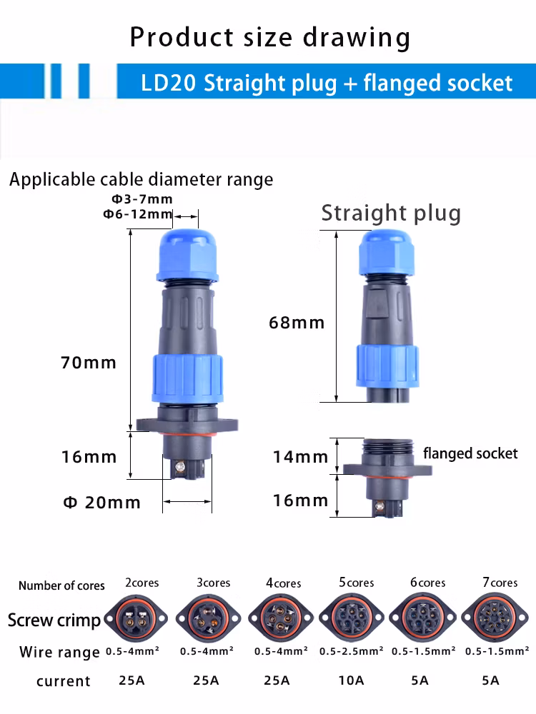 IP68 Waterproof Connectors Ld20 Portable Electrical Panel Mounting No Soldering Aviation Plug Connector