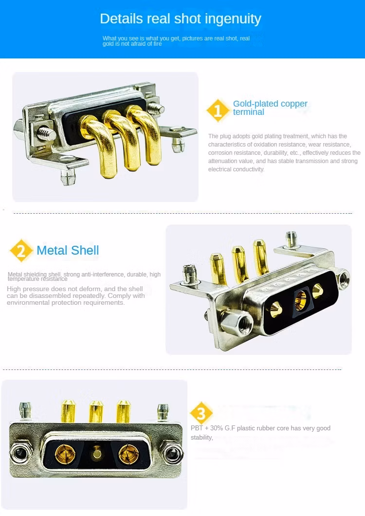 D-SUB High Current Connector 3W3 Male Female Bent Plug-in Solid Pin Gold-Plated 3-Pin Industrial PCB Connector