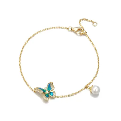 Yellow Gold Coated 925 Silver Sterling Enamel <a href='/bracelet/'>Bracelet</a> with Pearl