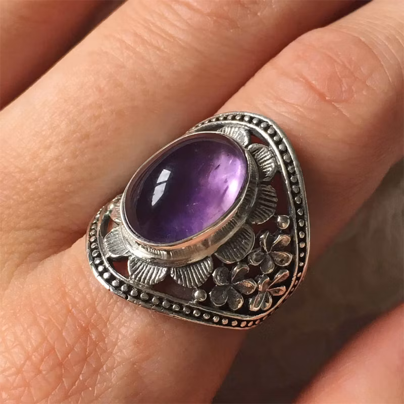 Amethyst Ring Ancient Silver Inlaid Vintage Do Old Women&prime;s Men&prime;s Hand Jewelry Color Treasure Crystal (CFSTFR-080)