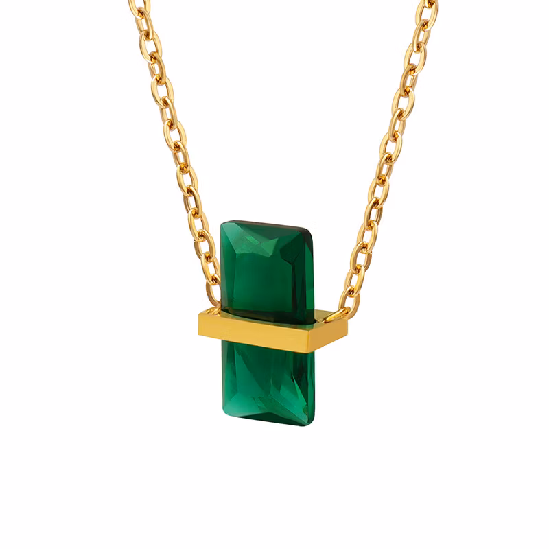 Vintage Stainless Steel 12 Color Crystal Birthstone Jewelry 18K Real Gold Green Rectangle Cubic Zircon Pendant Necklace for Women
