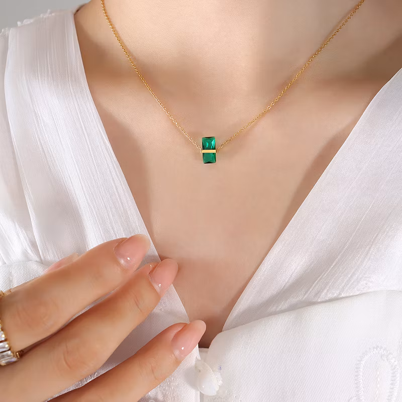 Vintage Stainless Steel 12 Color Crystal Birthstone Jewelry 18K Real Gold Green Rectangle Cubic Zircon Pendant Necklace for Women
