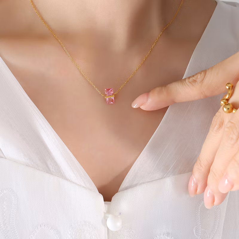 Vintage Stainless Steel 12 Color Crystal Birthstone Jewelry 18K Real Gold Green Rectangle Cubic Zircon Pendant Necklace for Women