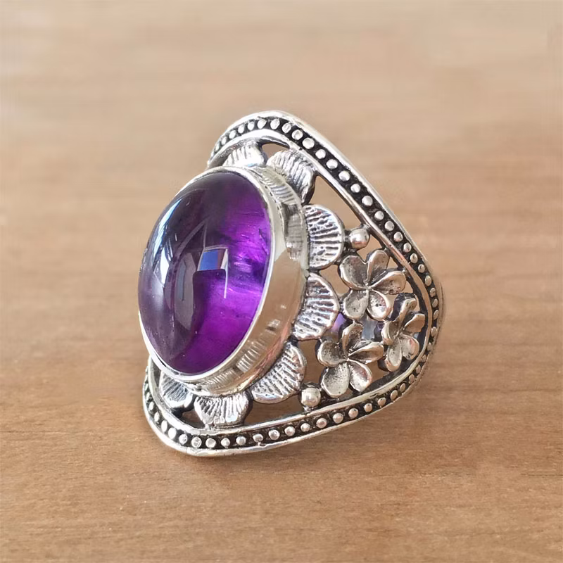 Amethyst Ring Ancient Silver Inlaid Vintage Do Old Women&prime;s Men&prime;s Hand Jewelry Color Treasure Crystal (CFSTFR-080)
