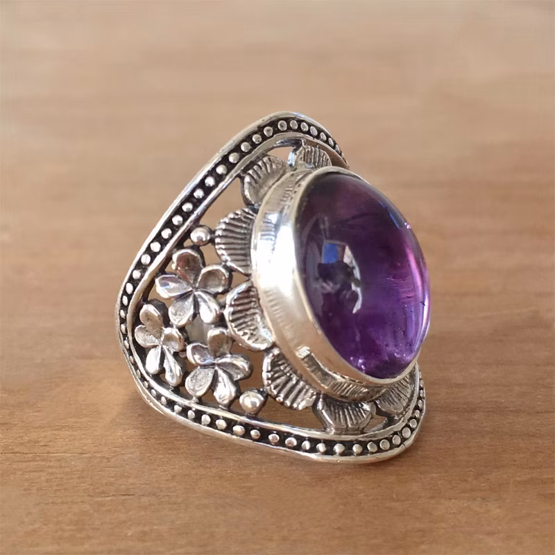Amethyst Ring Ancient Silver Inlaid Vintage Do Old Women&prime;s Men&prime;s Hand Jewelry Color Treasure Crystal (CFSTFR-080)