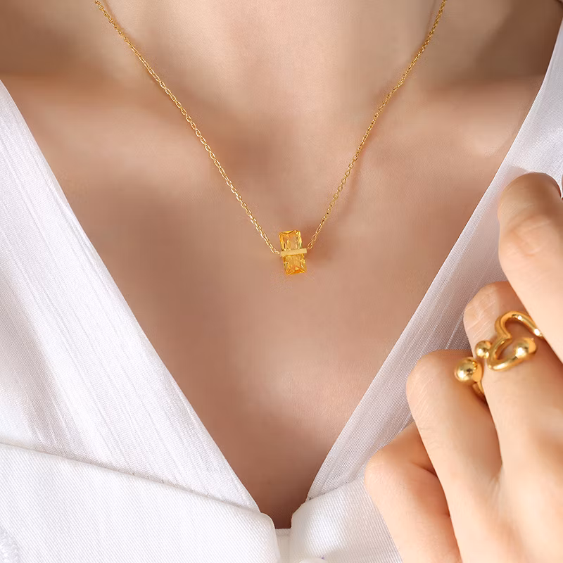 Vintage Stainless Steel 12 Color Crystal Birthstone Jewelry 18K Real Gold Green Rectangle Cubic Zircon Pendant Necklace for Women