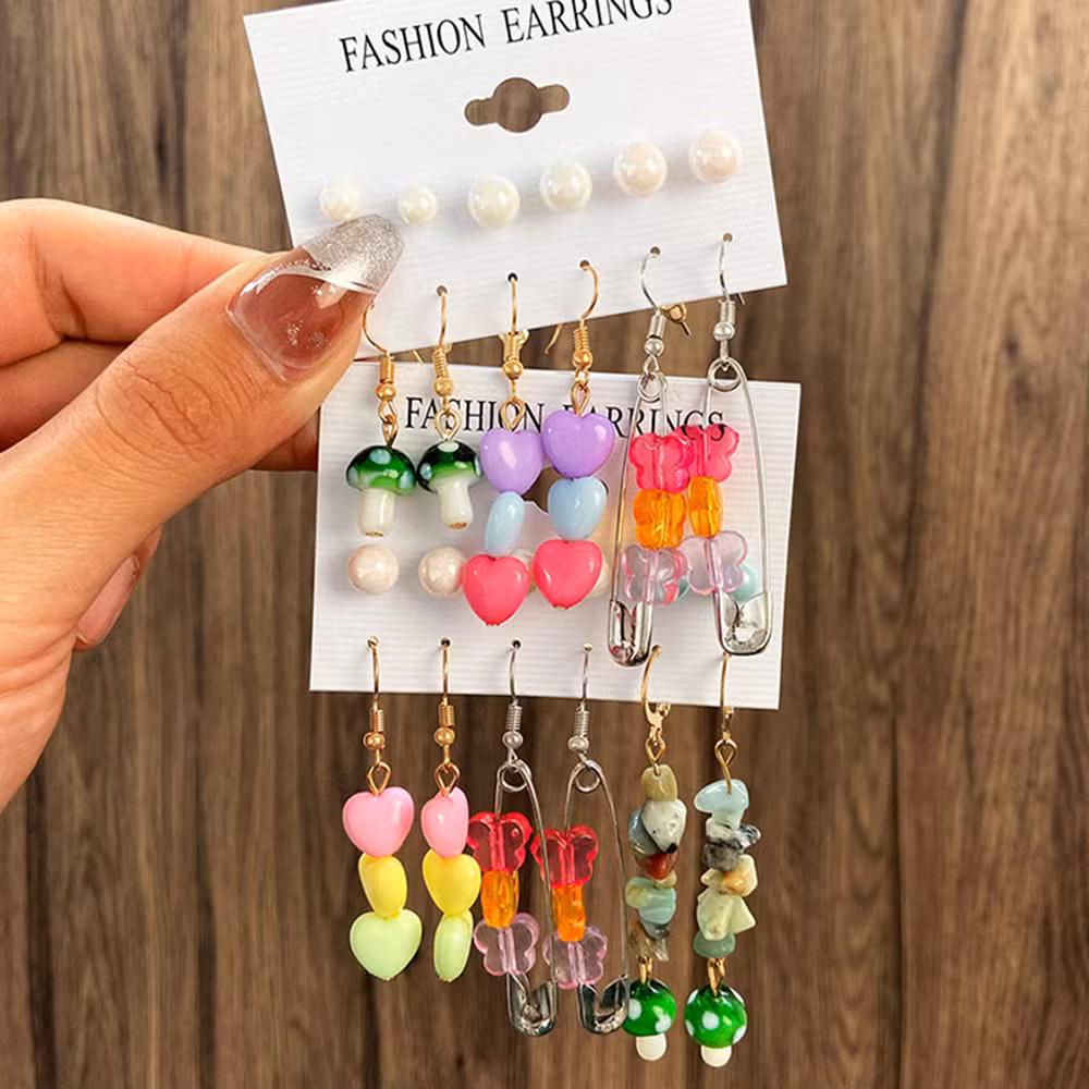 6/PC Colorful Butterfly Heart Drop Earring Set for Women Girls Pearl Flower Mushroom Earrings Jewelry Gifts