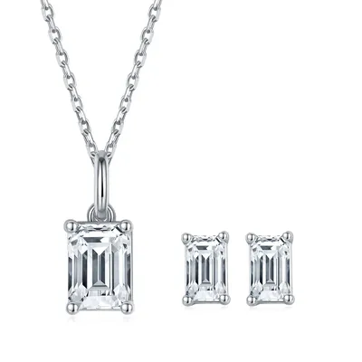 Gioielli personalizzati Emerald Cut Diamante Moissanite Gemstone Collana Orecchini 925 <a href='/set-di-gioielli/'>Set di gioielli</a> in argento sterling con anello argento