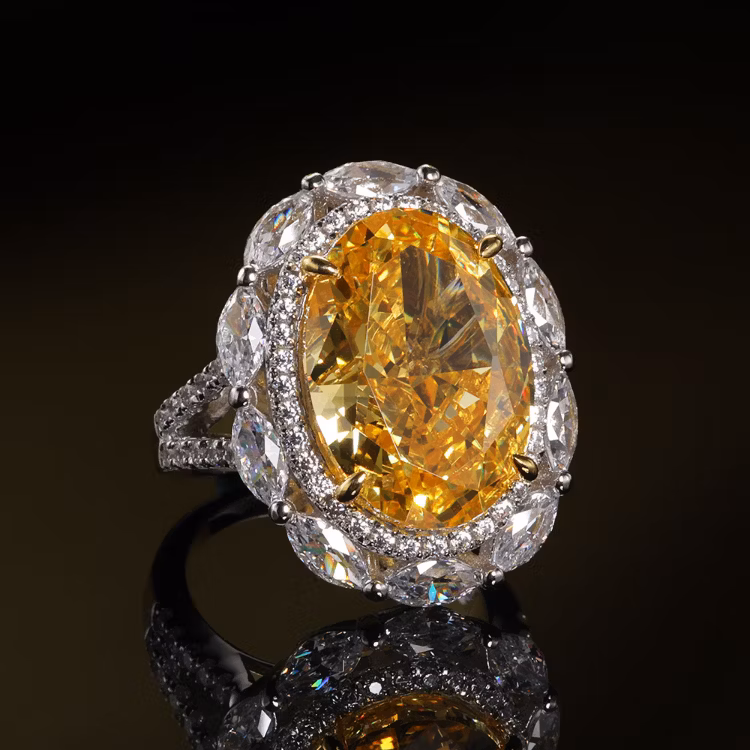 S925 Silver Fashion Luxury Ice Flower Cut Big Yellow Diamond Topaz Pigeon Egg High Quality 8A Cubic Zirconia 18K Gold Plating Ring Necklace Fine Jewelry Set