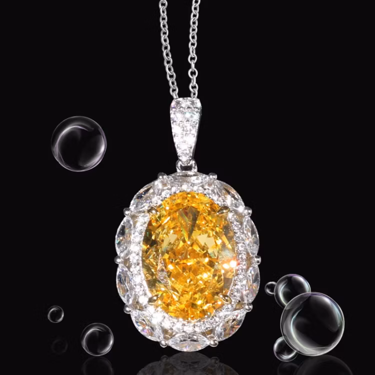 S925 Silver Fashion Luxury Ice Flower Cut Big Yellow Diamond Topaz Pigeon Egg High Quality 8A Cubic Zirconia 18K Gold Plating Ring Necklace Fine Jewelry Set
