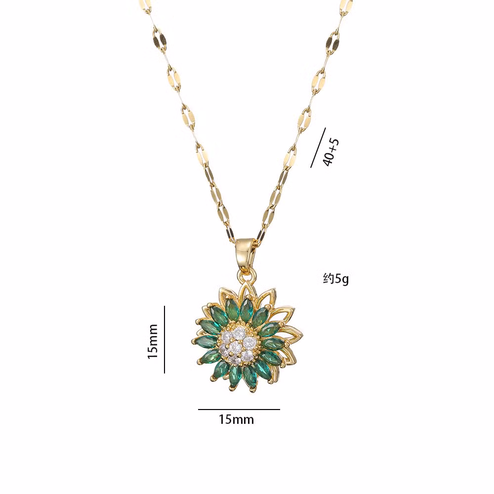 Cubic Zirconia Rotating Sunflower Pendant Necklace Bracelet Green Flower Jewelry Set