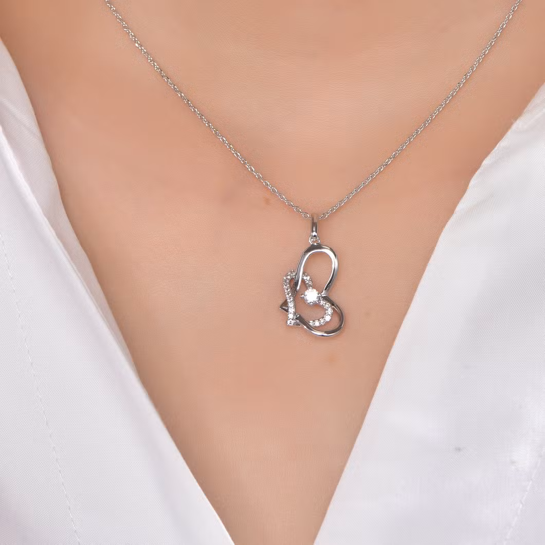 Women 18K Gold Plated Heart Pendant Necklace Lady 925 Sterling Silver Heart Pendant