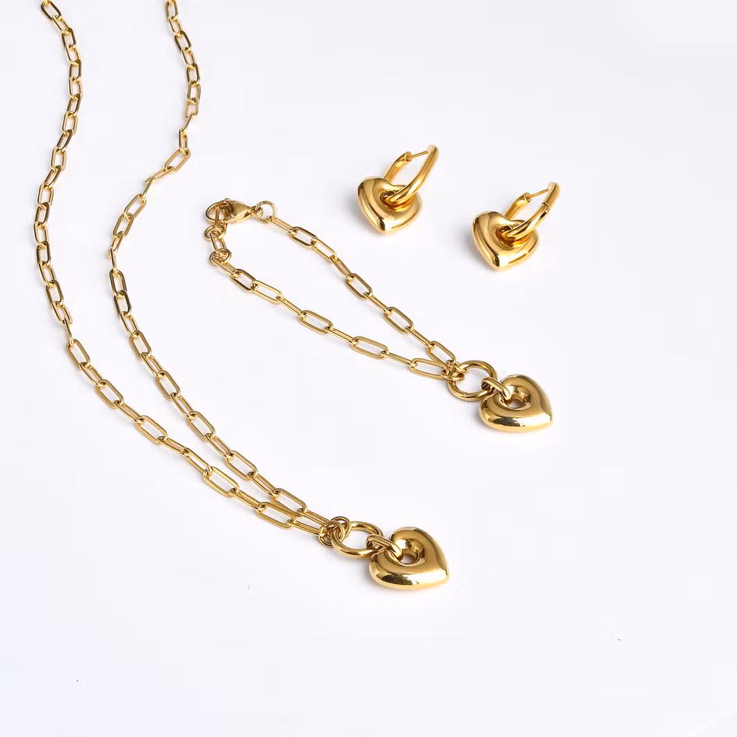 18K Real Gold Plated Stainless Steel Heart Pendant Valentines&prime; Jewelry Set as Gift for Her