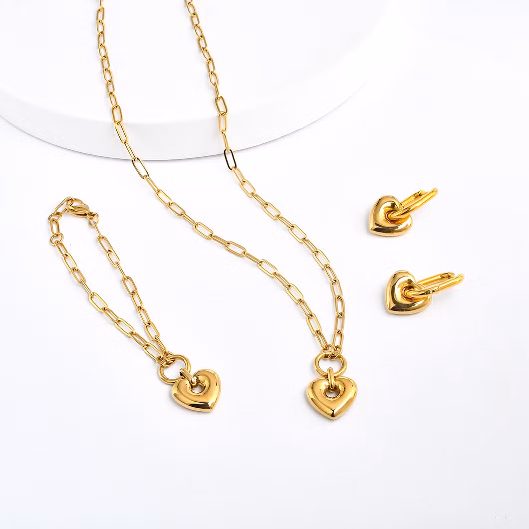 18K Real Gold Plated Stainless Steel Heart Pendant Valentines&prime; Jewelry Set as Gift for Her