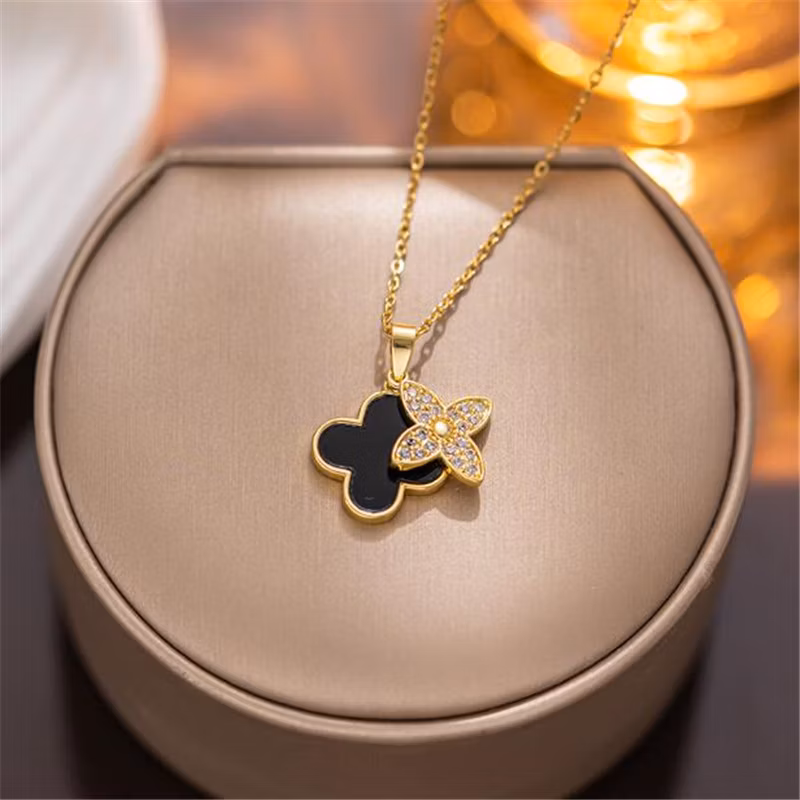 Plant Lucky Zircon Four-Leaf Classy Grass Pendant Stainless Steel Gold Silver Necklace Brand Clover Leaf Necklace for Women