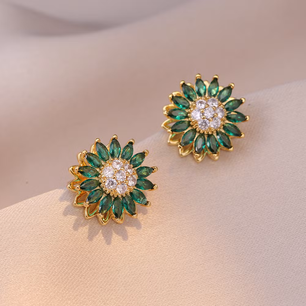 Cubic Zirconia Rotating Sunflower Pendant Necklace Bracelet Green Flower Jewelry Set