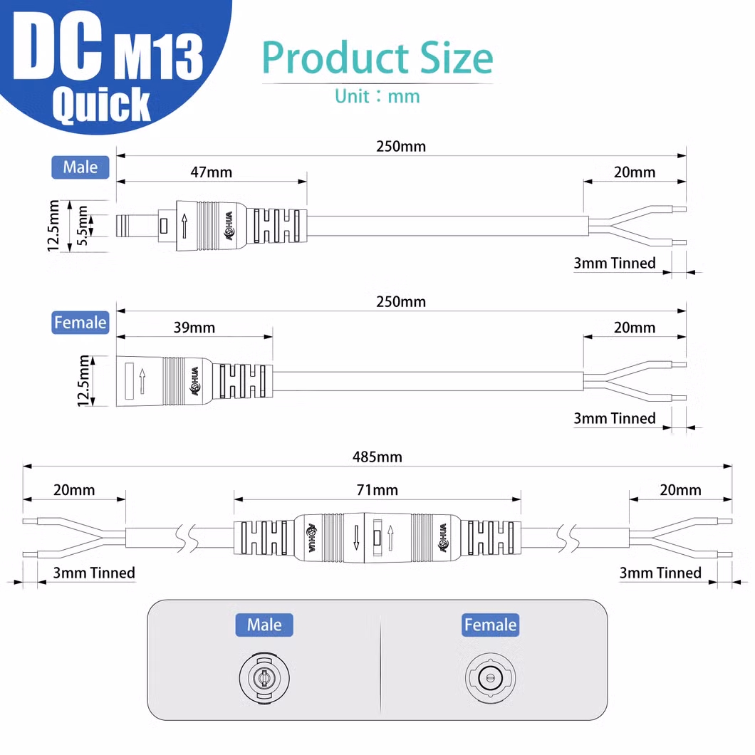 M13 Electric Male Female DC Quick Lock Cable 22AWG 24AWG Power Connector