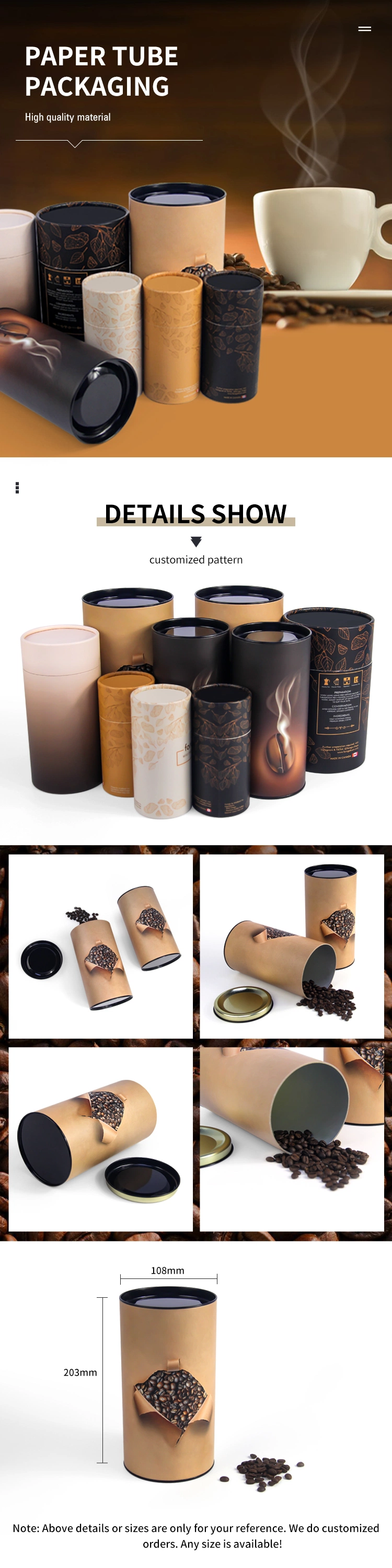 Firstsail Wholesale Custom Brown Cardboard Rolled Airtight Aluminum Foil Coffee Powder Container Cylinder Tea Paper Tube with Metal Lid