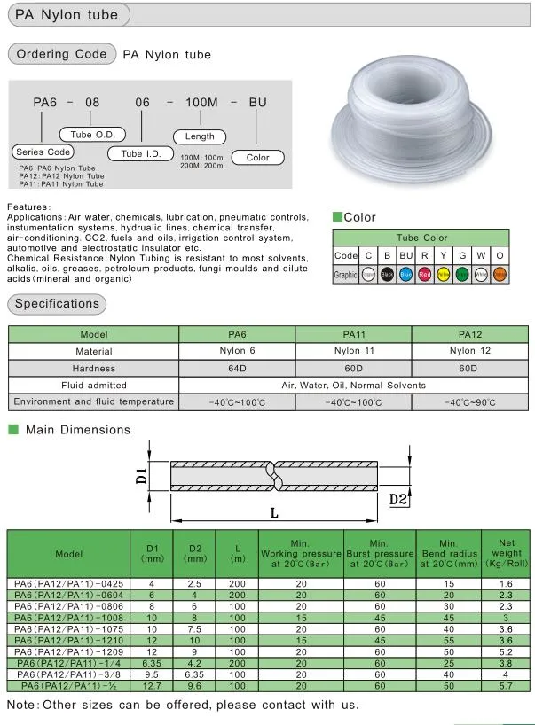 PA6 PA12 PA11 Metric Flexible Nylon Air Pneumatic Line Tubing