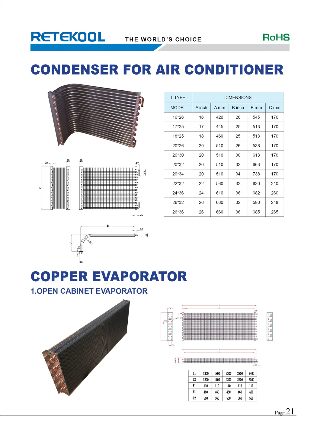 Air Conditioner Parts L Shape Copper Tube Aluminium Fin Evaporator