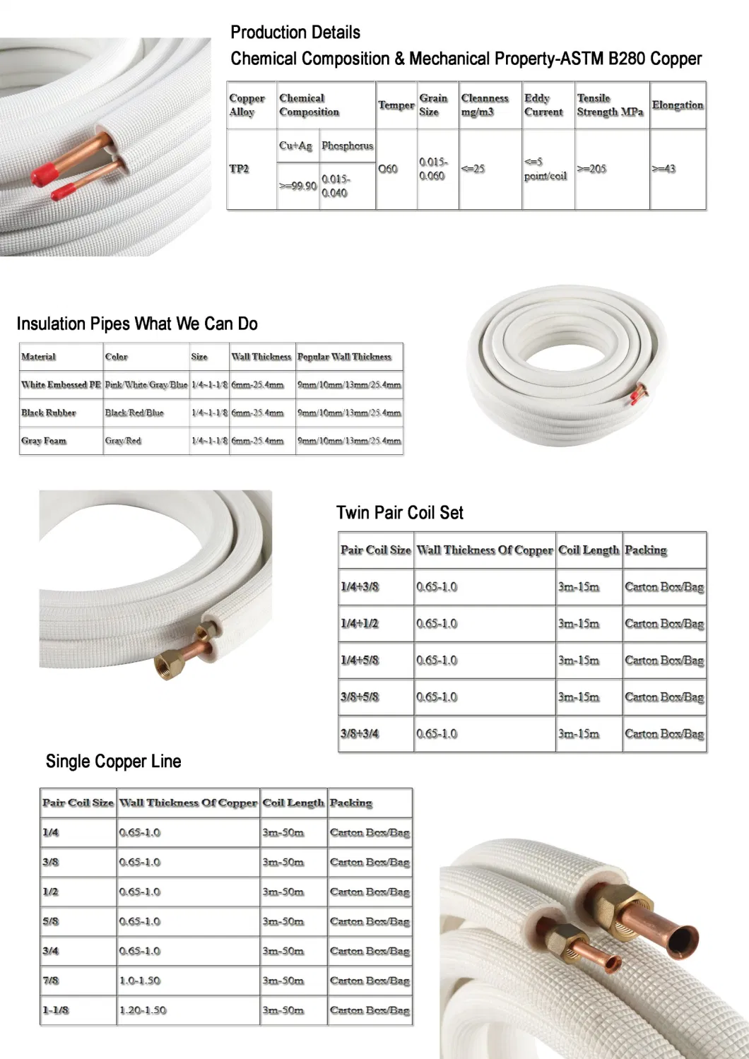 1/4 3/8 1/2 3/4 Insulated Pair Coil Copper Tube / Pipe