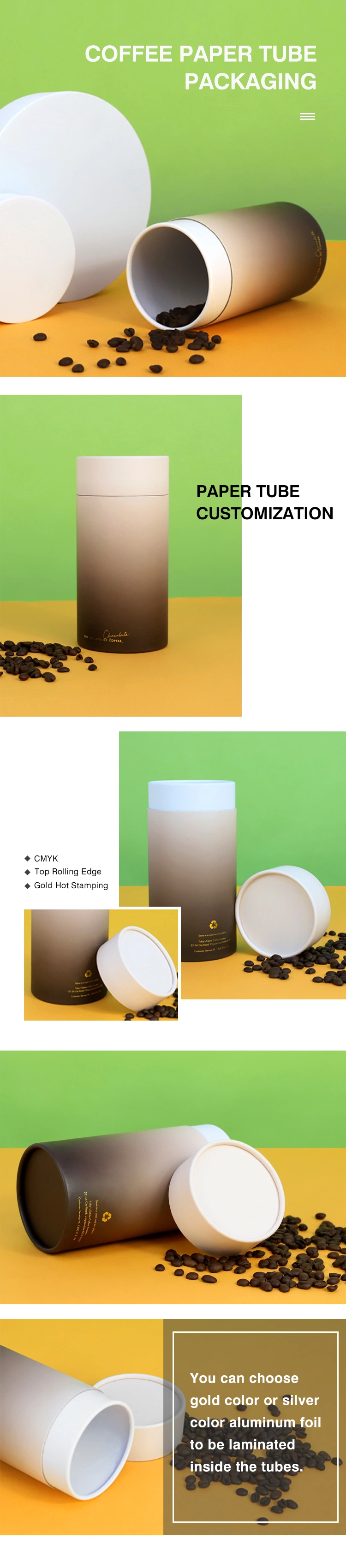 Firstsail Wholesale Custom Brown Cardboard Rolled Airtight Aluminum Foil Coffee Powder Container Cylinder Tea Paper Tube with Metal Lid