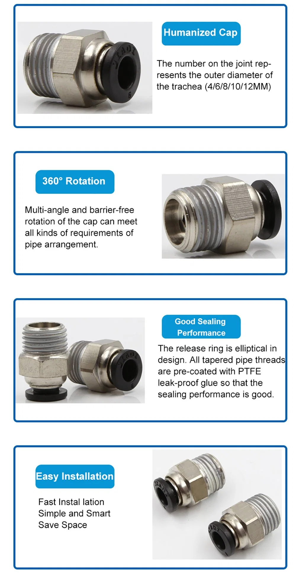 PC Pneumatic Straight Male Quick Connecting Air Tube Connector Copper Brass Pneumatic Pipes Tube Fittings