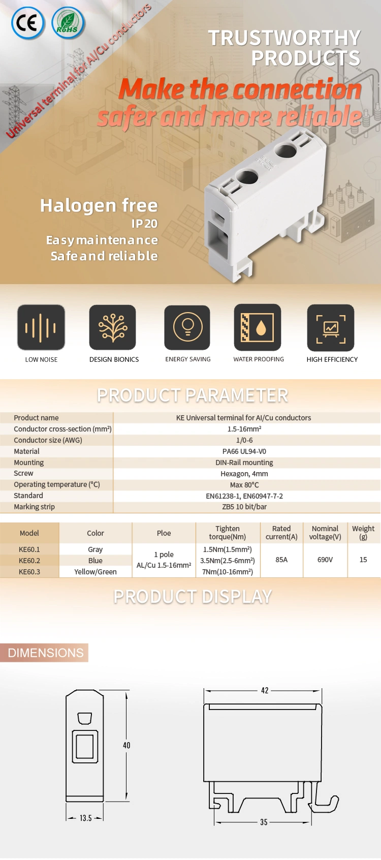 Ce Approved 690V 85A Aluminum Tube Connectors 1.5-16mm2 1 Pole Aluminum to Copper Connectors