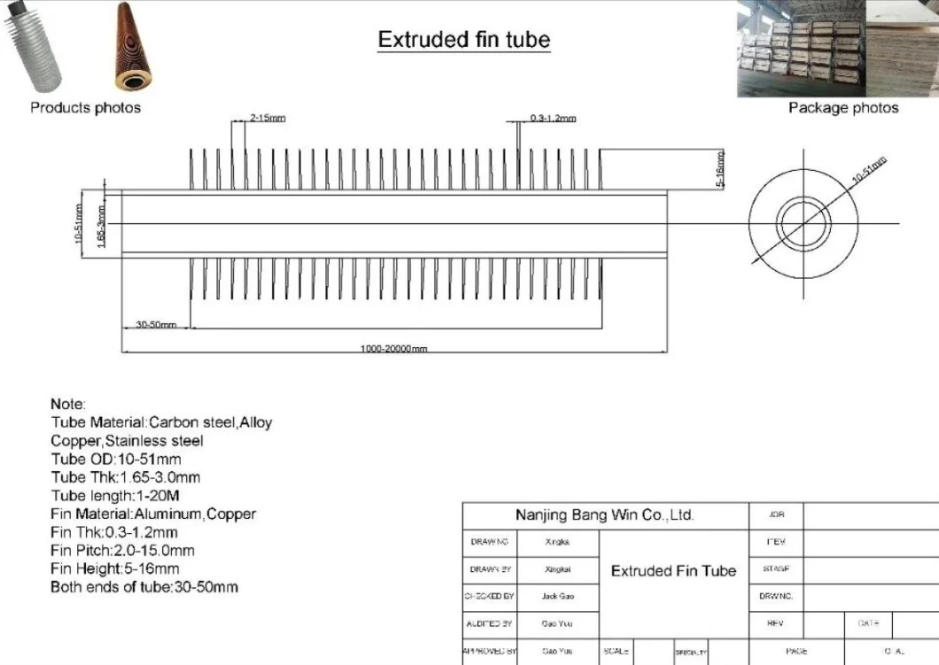 Industrial Fin Tube Type Heat Transfer Stainless Steel Copper Finned Aluminum Tube