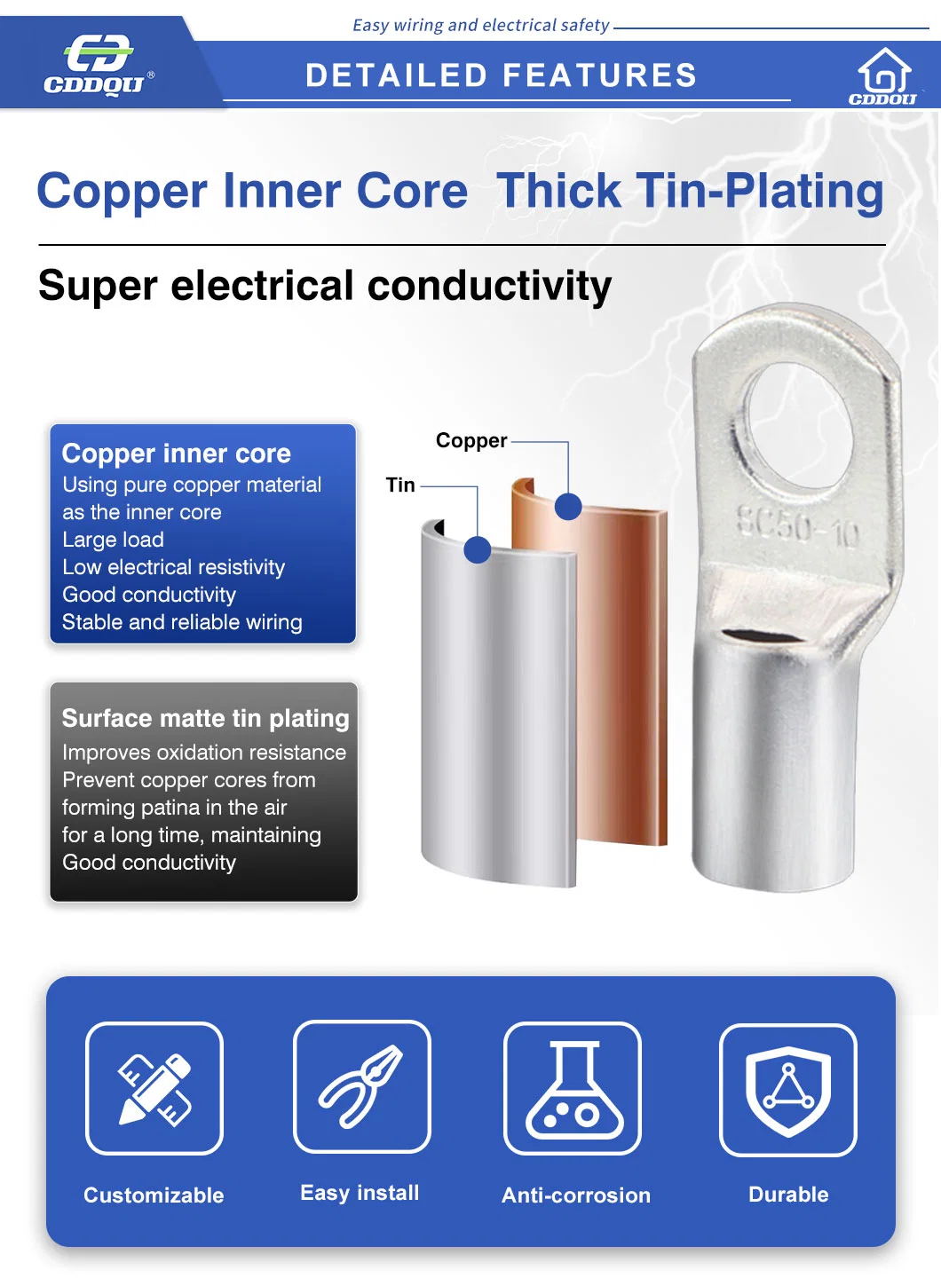 Tinned Copper Crimping Cable Terminal Lug, Battery Tube Ring Crimp Terminal Connectors