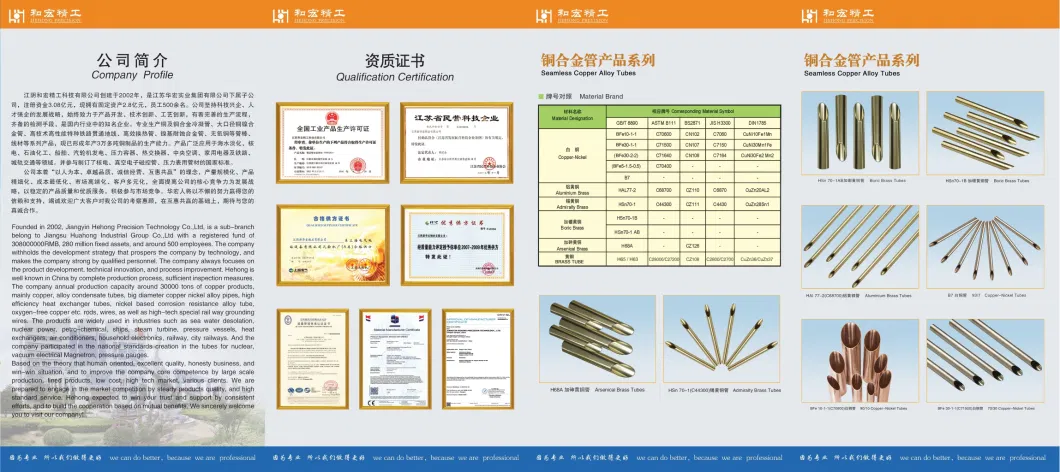 ASTM B111 Admiralty Brass Tube for Condenser and Heat-Exchangers, Seawater Desalination, C68700, C44300, Eemua144 Uns C7060X C70600, CuNi 90/10, Uns C70620