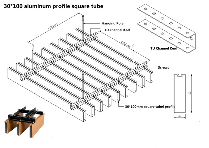 Wood Grian Suspended False Ceiling Aluminum Profile Square Tube for Hotel Project