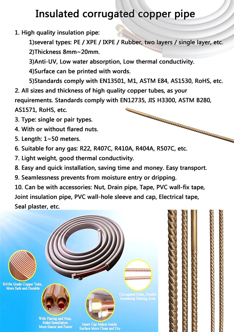 Insulated Spiral Copper Corrugated Tube Pipe for Air Conditioner