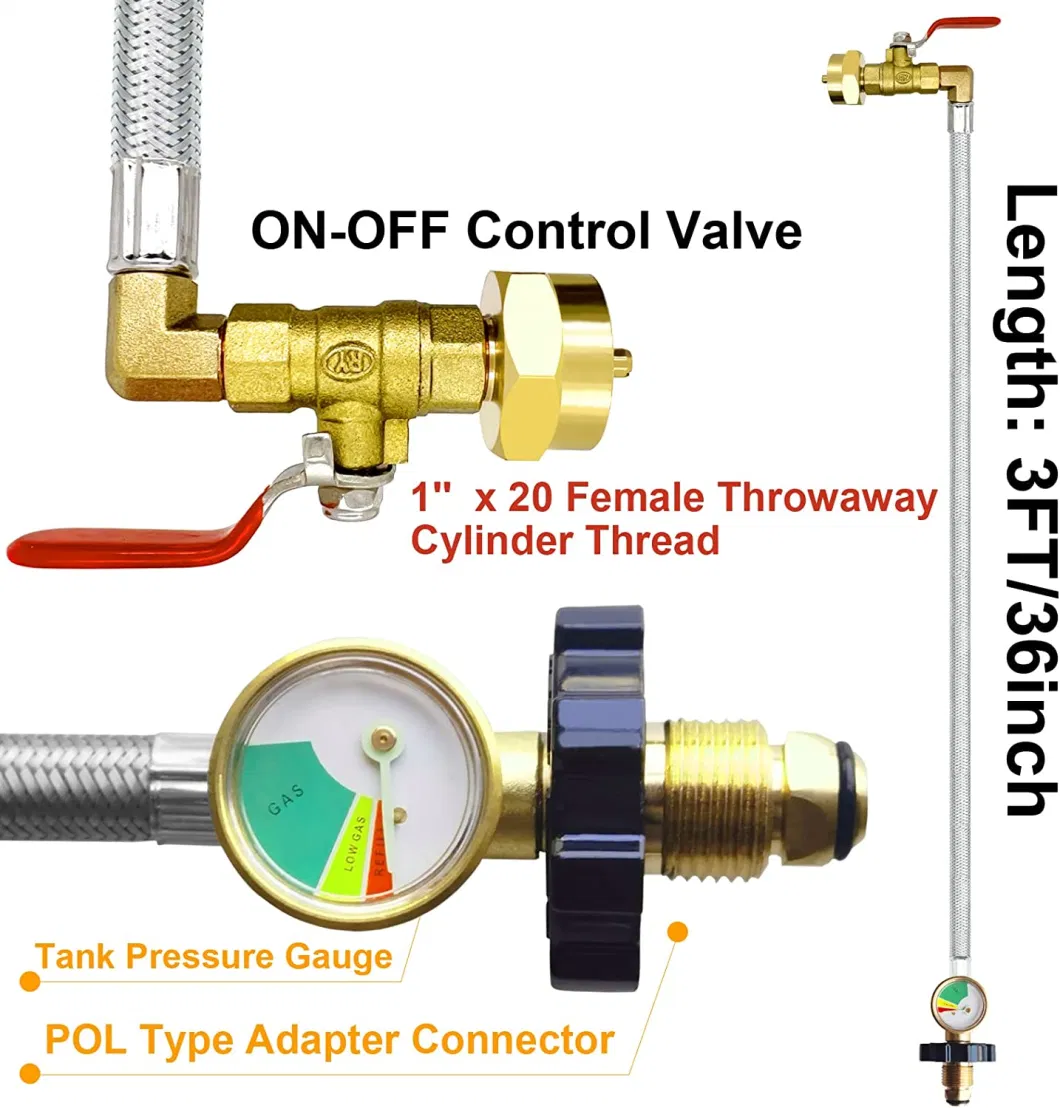 5FT 1lb to 20lb Pol Type Inlet Stainless Braided Propane PVC Hose Adapter with Gauge for Camping Stove, Coleman