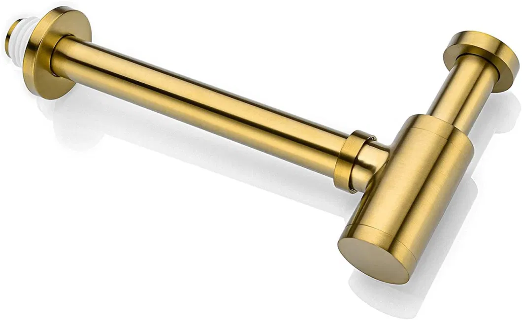 Brass Round Bottle P-Trap Adjustable Height Brushed Gold Finished Basin Sink Waste Trap Drain Set Tube