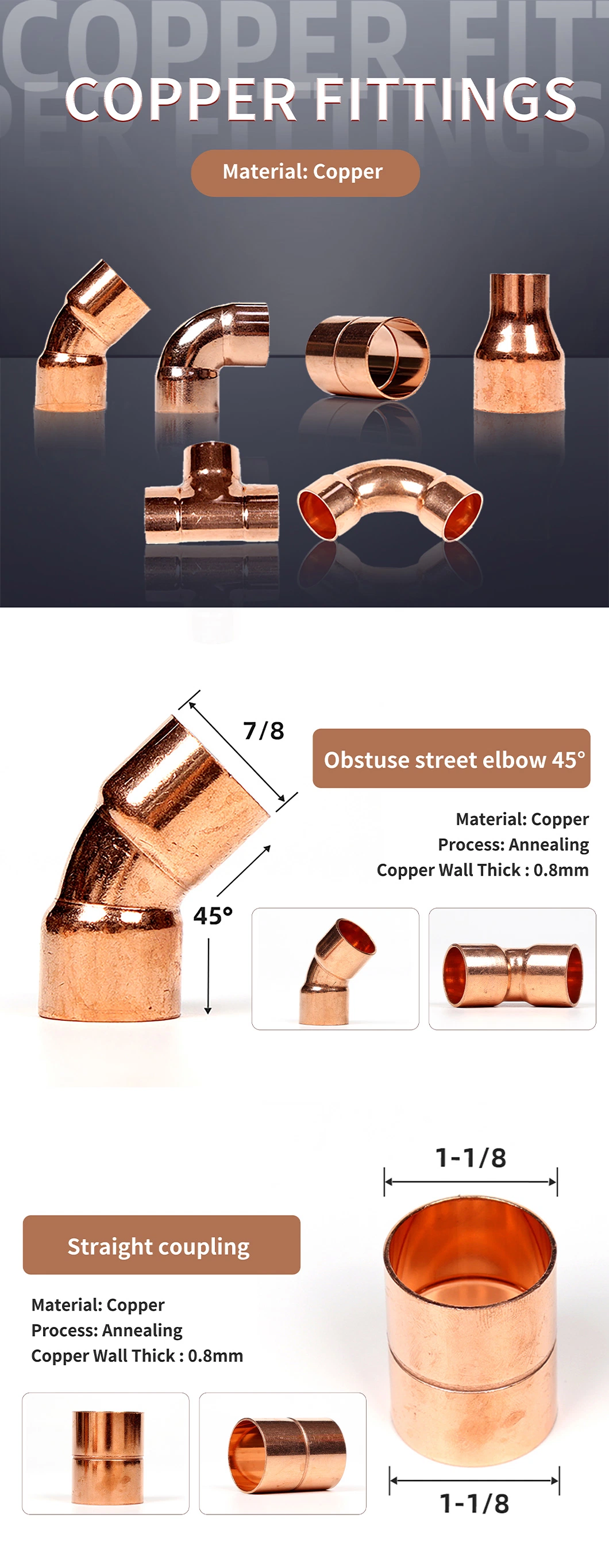 Copper Pipe Fittings for Plumbing and Gas