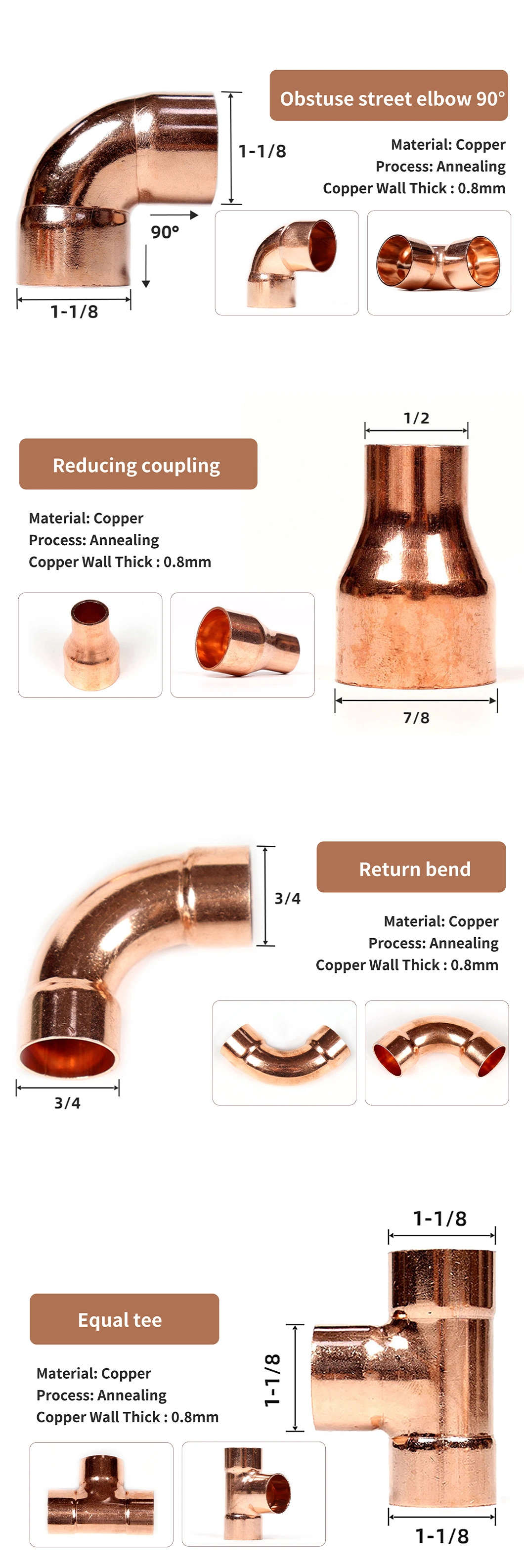 Copper Pipe Fittings for Plumbing and Gas