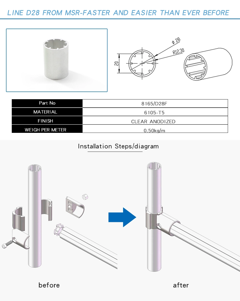 D28f Aluminium Tube for Connecting T Slot Aluminium Profile